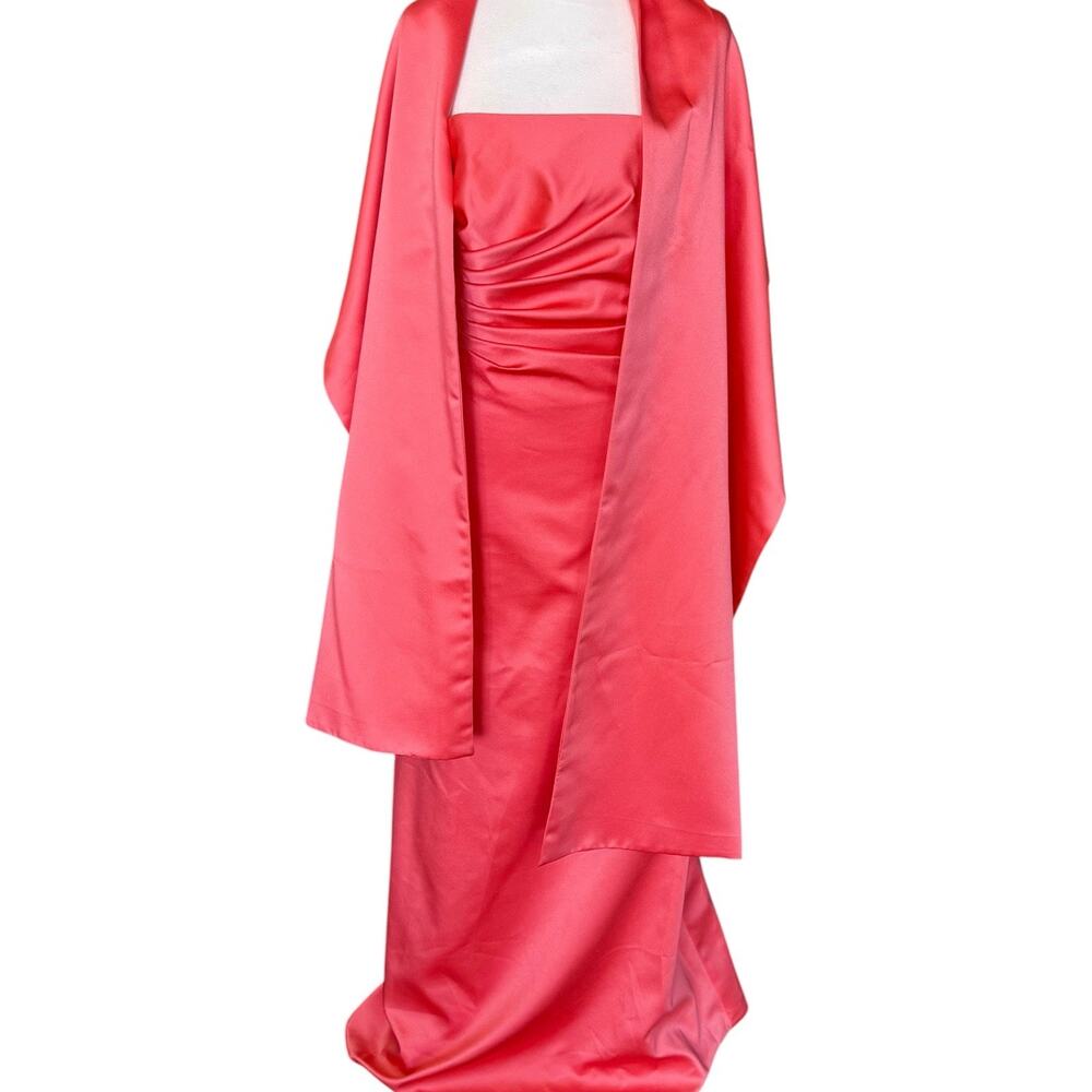 VTG 90s Cache Pink Satin Strapless Ruched Evening Gown & Shawl Formal Prom Y2K